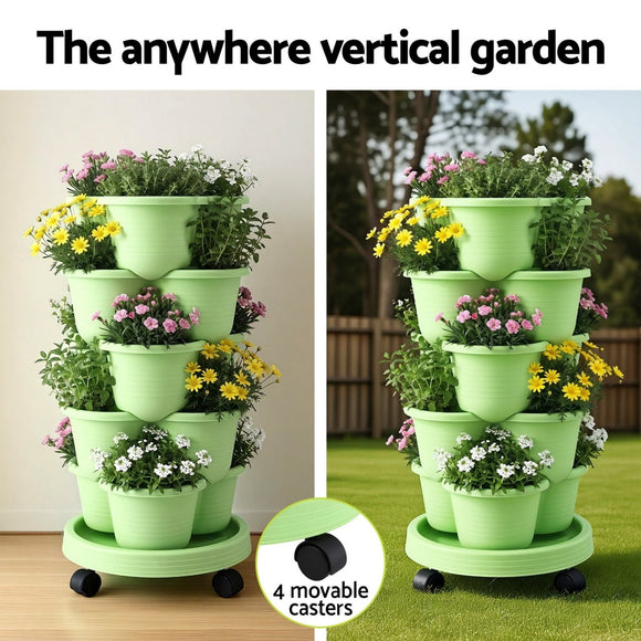 Green Fingers 5 Tier Vertical Garden Planter, Stackable Planters with Wheels, Light Green, Garden Bed, Garden Tower Indoor Outdoor, Auto Drainage System, for Strawberries, Herbs, Flowers, Vegetables - RnR Galore