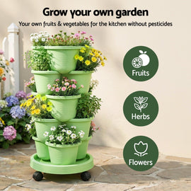 Green Fingers 5 Tier Vertical Garden Planter, Stackable Planters with Wheels, Light Green, Garden Bed, Garden Tower Indoor Outdoor, Auto Drainage System, for Strawberries, Herbs, Flowers, Vegetables - RnR Galore