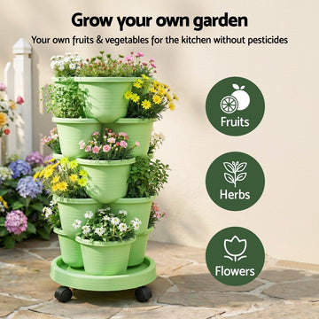 Green Fingers 5 Tier Vertical Garden Planter, Stackable Planters with Wheels, Light Green, Garden Bed, Garden Tower Indoor Outdoor, Auto Drainage System, for Strawberries, Herbs, Flowers, Vegetables - RnR Galore
