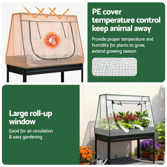 Green Fingers Elevated Metal Garden Bed Kit w Mini Greenhouse Cover 116x60cm Stand - Up Height Trellis - RnR Galore