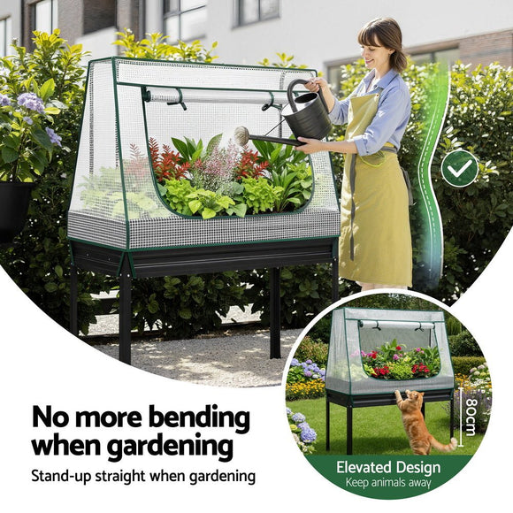 Green Fingers Elevated Metal Garden Bed Kit w Mini Greenhouse Cover 116x60cm Stand - Up Height Trellis - RnR Galore