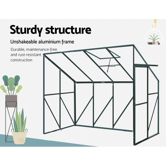 Green Fingers Greenhouse 2.52x1.27x2.13M Lean - to Aluminium Polycarbonate Green House Garden Shed - RnR Galore
