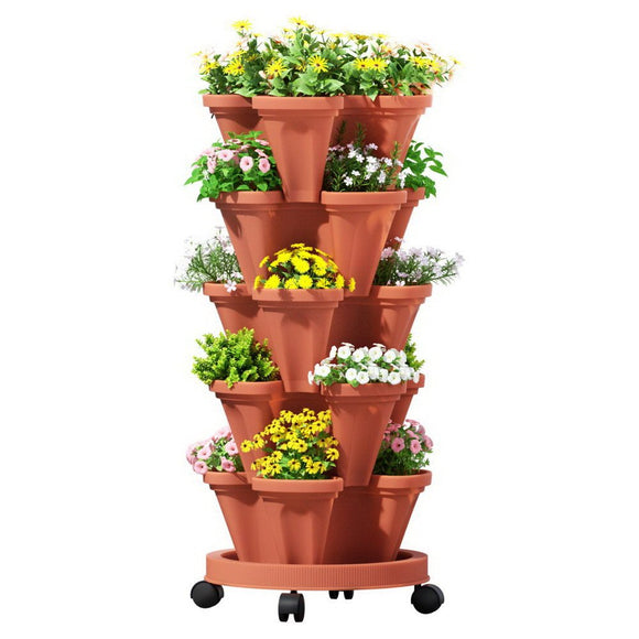 Green Fingers Raised Garden Bed 5 Tier Vertical Garden Brick Red Strawberry Stackable Planters Herbs Petunias - RnR Galore