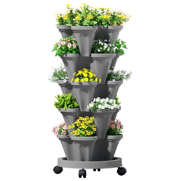 Green Fingers Raised Garden Bed 5 Tier Vertical Garden Grey Strawberry Stackable Planters Herbs Petunias - RnR Galore