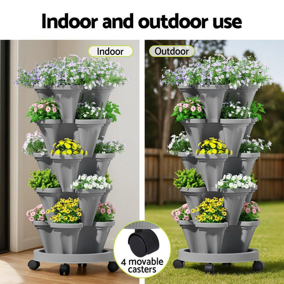 Green Fingers Raised Garden Bed 5 Tier Vertical Garden Grey Strawberry Stackable Planters Herbs Petunias - RnR Galore