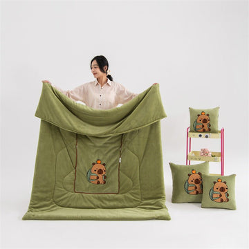 Green Kapybara - 2 - in - 1 Foldable Car Pillow Blanket - Cozy 40x40cm Pillow, Unfolds to 100x150cm Blanket for Travel and Office Naps - RnR Galore