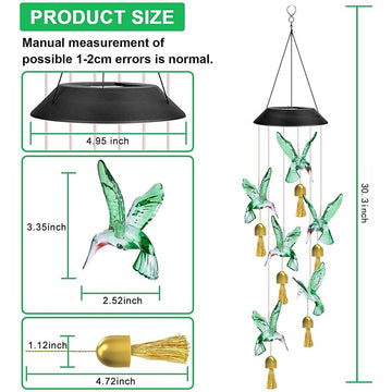 Green Solar Powered Hummingbird Wind Chime(Without bell) - Color - Changing LED Hanging Garden Light Outdoor Decor - RnR Galore