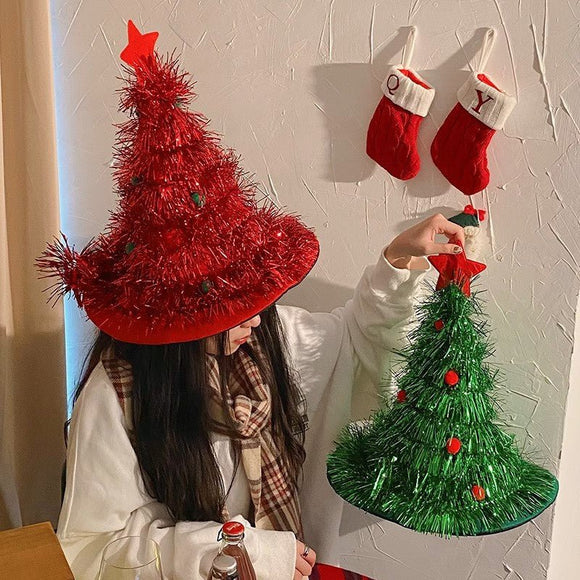 Green Sparkly Tinsel Christmas Tree Hat - Festive Holiday Party Headwear for Adults & Kids - RnR Galore