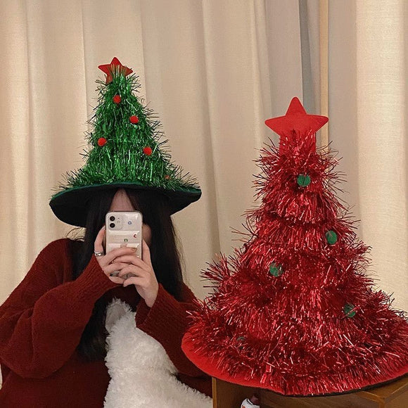 Green Sparkly Tinsel Christmas Tree Hat - Festive Holiday Party Headwear for Adults & Kids - RnR Galore