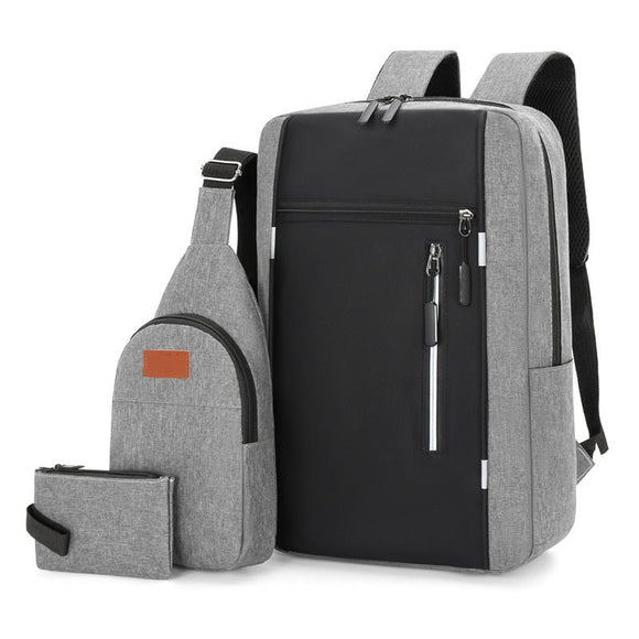Grey 3 Piece Mens Backpack Set with Sling Bag and Pouch USB Charging Port Large Capacity Laptop Daypack Water Resistant Business Travel School Bag - RnR Galore