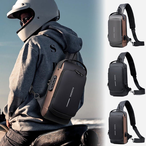 Grey and Brown Men's Anti - Theft Crossbody Sling Bag with USB Charging Port & Combination Lock - RnR Galore