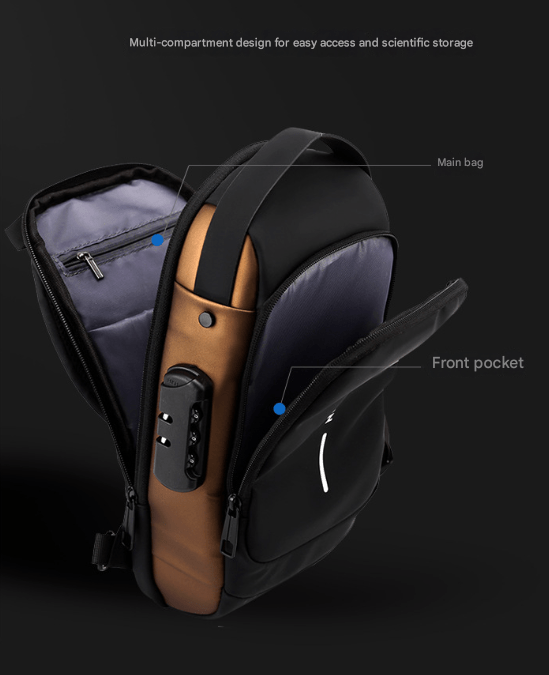 Grey and Brown Men's Anti - Theft Crossbody Sling Bag with USB Charging Port & Combination Lock - RnR Galore