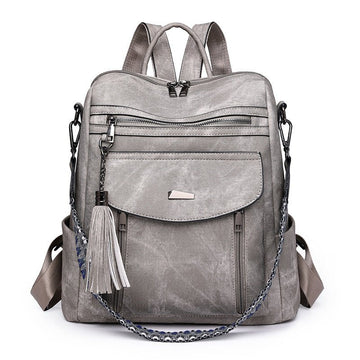 Grey Chic Women's PU Leather Convertible Backpack - Anti - Theft Design, Multi - Pocket Shoulder Bag with Tassel - RnR Galore