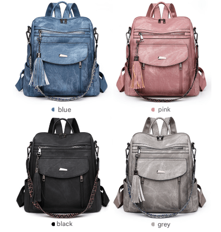 Grey Chic Women's PU Leather Convertible Backpack - Anti - Theft Design, Multi - Pocket Shoulder Bag with Tassel - RnR Galore