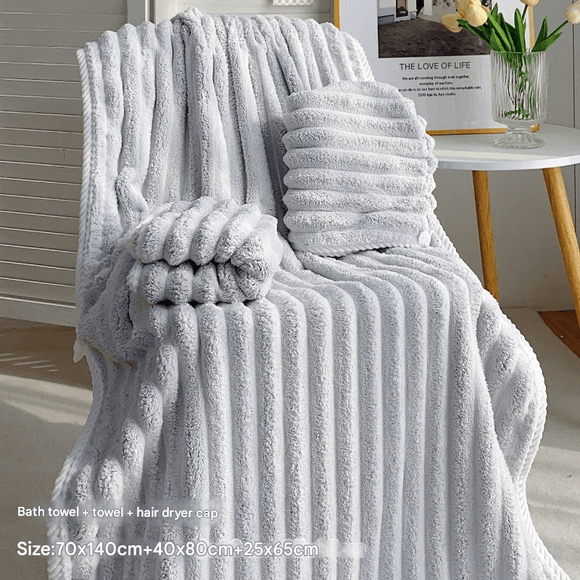 Grey Plush Ribbed Coral Fleece 3 - Piece Towel Set - Ultra Soft & Absorbent Bath, Hand Towel and Hair Wrap - RnR Galore