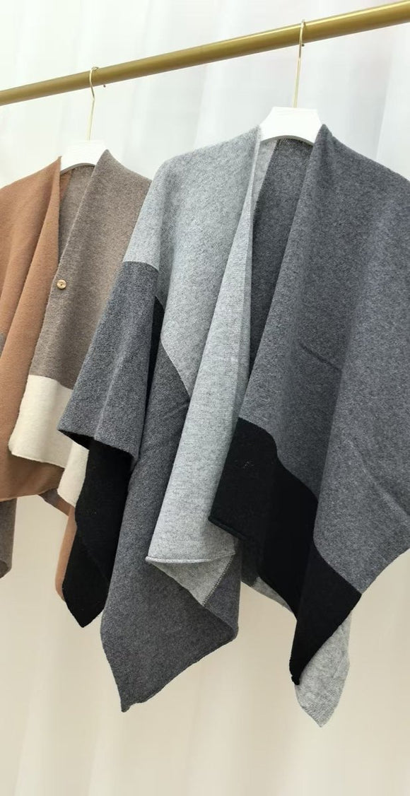 Grey Pure Wool Extra Large Shawl Scarf Color Block Multi - functional Warm Cashmere Cape Poncho - RnR Galore