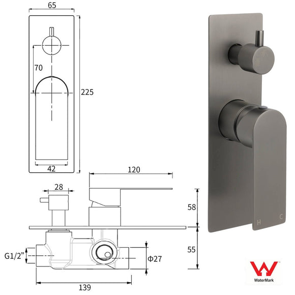 Gun Metal Grey Square Wall Mounted Shower Mixer Diverter 2 Ways Switch Valve Set - RnR Galore