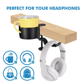 Heavy - Duty All - Metal Desk Clamp with 360 - Degree Swivel Headphone Hanger & Cup Holder(black) - RnR Galore