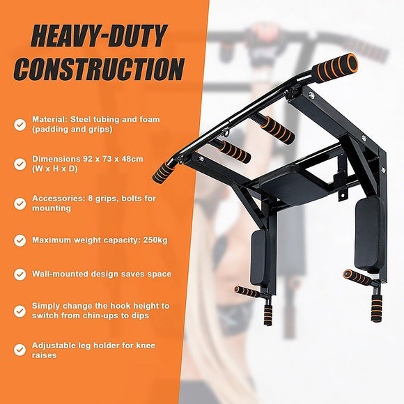 Heavy Duty Wall Mounted Power Station Pull Up Dip Knee Raise Bar - RnR Galore