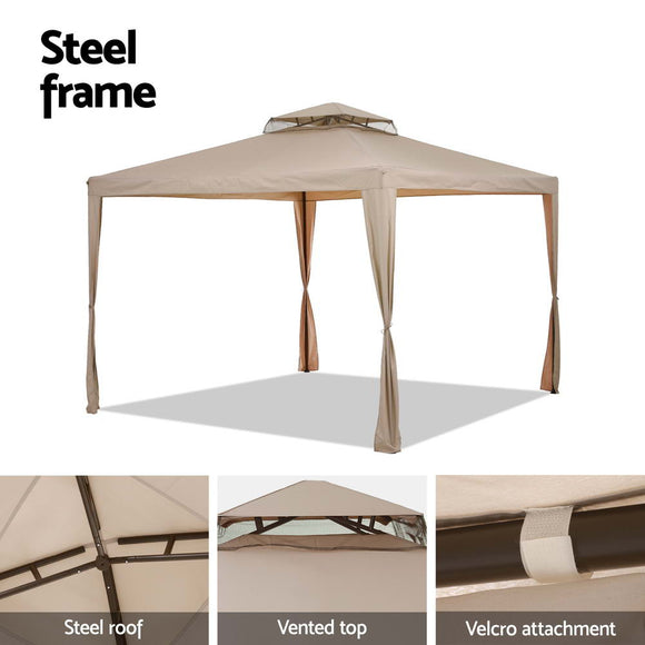 Instahut Gazebo Marquee 3m Outdoor Event Tent Camping Party Mesh Wall Canopy Brown - RnR Galore