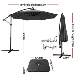 Instahut Outdoor Umbrella 3M Cantilever Beach LED Base Garden Sun Patio Charcoal - RnR Galore