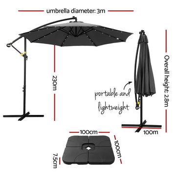 Instahut Outdoor Umbrella 3M Cantilever Beach LED Base Garden Sun Patio Charcoal - RnR Galore