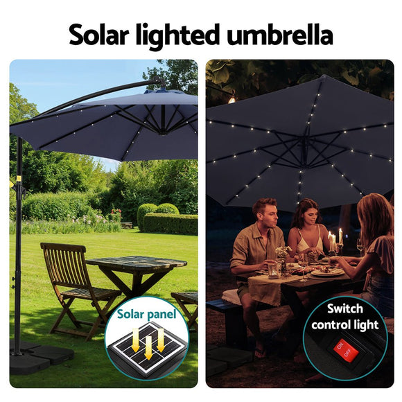 Instahut Outdoor Umbrella 3M Cantilever Beach LED w/Base Garden Shade Patio Navy - RnR Galore