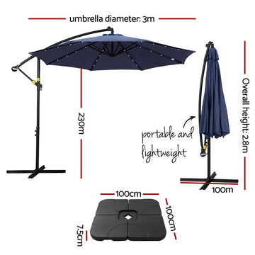 Instahut Outdoor Umbrella 3M Cantilever Beach LED w/Base Garden Shade Patio Navy - RnR Galore