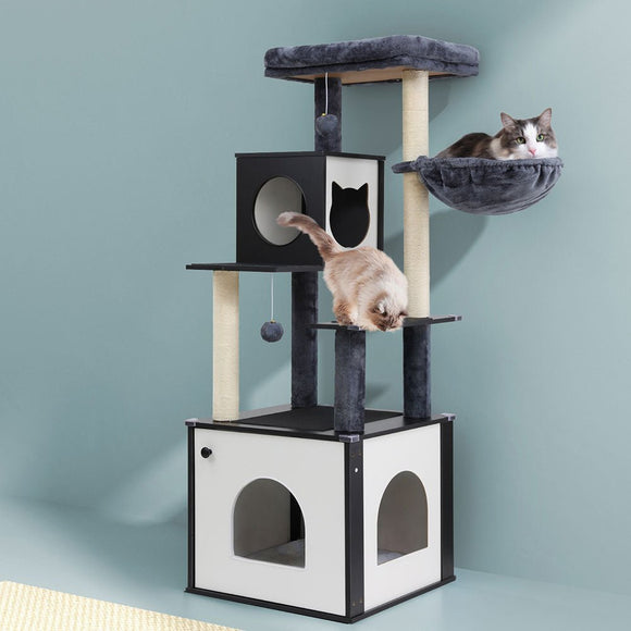i.Pet Cat Tree Tower Scratching Post Scratcher 144cm Wood Bed Condo House Cabinet - RnR Galore