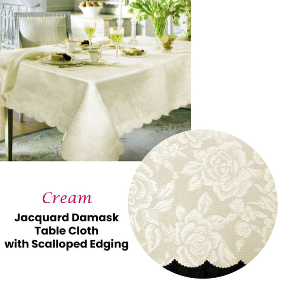Jacquard Damask Design with Scalloped Edging Table Cloth Cream 150 x 220 cm - RnR Galore
