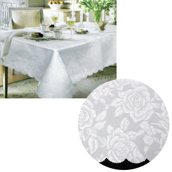 Jacquard Damask Design with Scalloped Edging Table Cloth White 150 x 220 cm - RnR Galore