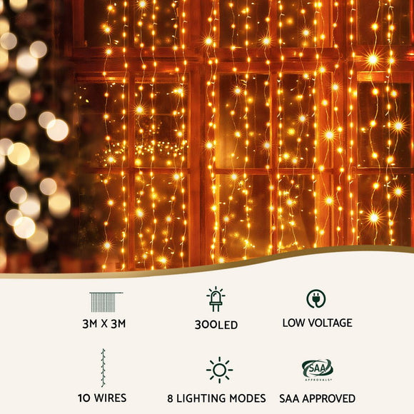 Jingle Jollys 3X3M Christmas Lights Curtain String Light 300 LED Warm White - RnR Galore