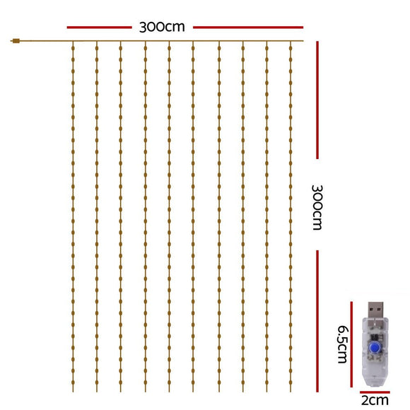 Jingle Jollys 3X3M Christmas Lights Curtain String Light 300 LED Warm White - RnR Galore