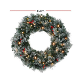 Jingle Jollys 60cm Christmas Wreath LED Lights Snowy Berries Garland Party Decor - RnR Galore