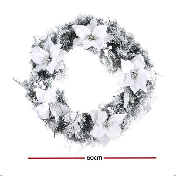 Jingle Jollys 60cm Christmas Wreath LED Lights Snowy Flowers Garland Party Decor - RnR Galore