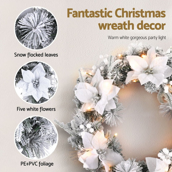 Jingle Jollys 60cm Christmas Wreath LED Lights Snowy Flowers Garland Party Decor - RnR Galore