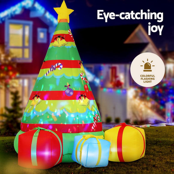 Jingle Jollys Christmas Inflatable Gift Tree 2.2M Height Flashing Light Decorations Illuminated - RnR Galore