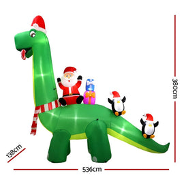 Jingle Jollys Christmas Inflatable Santa Dinosaur 3.8M Illuminated Decorations - RnR Galore