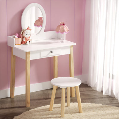 Keezi Kids Dressing Table Chair Set Wooden Leg Vanity Makeup Drawer Mirror - RnR Galore