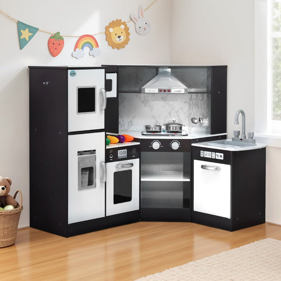 Keezi Kids Kitchen Play Set Wooden Pretend Cooking Playset w/Sounds Lights Black - RnR Galore