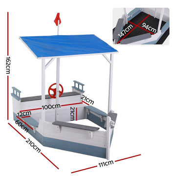 Keezi Kids Sandpit Wooden Box Boat Canopy Flag Outdoor Toys Children Blue - RnR Galore