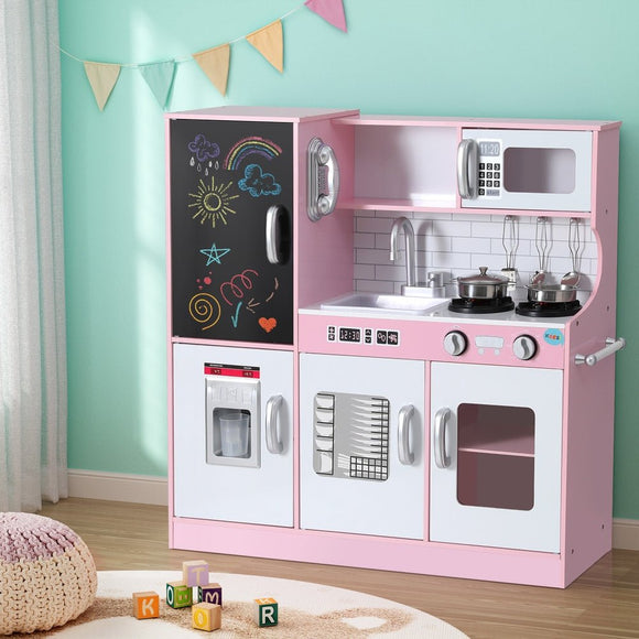 Keezi Kids Wooden Pretend Kitchen Play Set Cooking Toys Pot Ice Cup Oven Blackboard 80CM Pink - RnR Galore