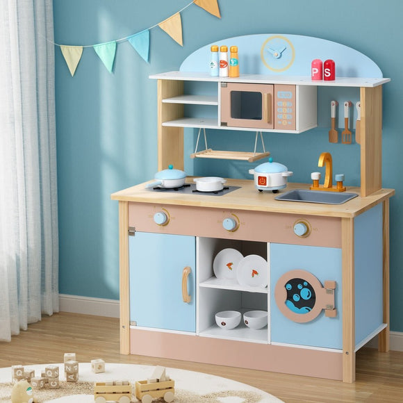 Keezi Kids Wooden Pretend Kitchen Play Sets Cooking Toys Pot Pan Bowls Oven Dishwasher 80CM Blue - RnR Galore