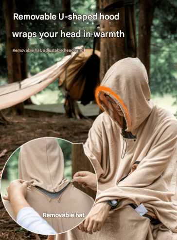 Khaki Cozy 4 - in - 1 Wearable Fleece Poncho Sleeping Bag - Multifunctional Camping Blanket with Detachable Hood - RnR Galore