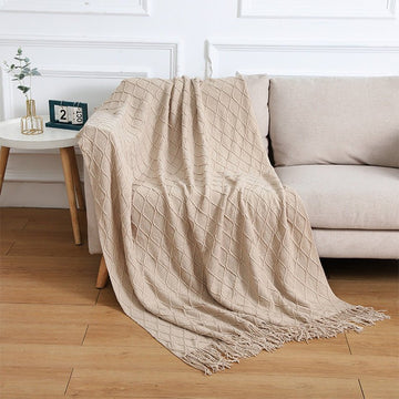 Khaki Nordic Knitted Throw Blanket with Tassels 130x230cm Soft Acrylic Diamond Pattern Sofa Cover Bed Runner and Travel Blanket - RnR Galore