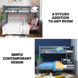 Kingston Slumber Bunk Bed Triple Wooden Single Over Double Beds for Kids, Solid Pine Wood, Convertible Design, Grey - RnR Galore