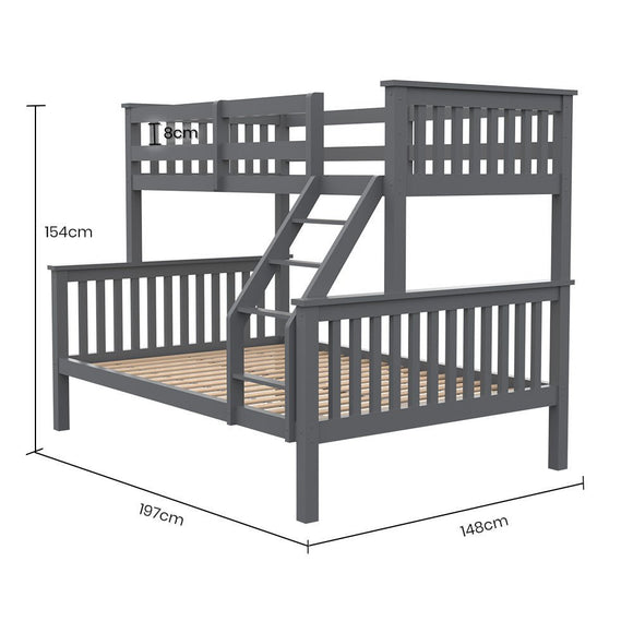 Kingston Slumber Bunk Bed Triple Wooden Single Over Double Beds for Kids, Solid Pine Wood, Convertible Design, Grey - RnR Galore