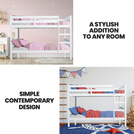 KINGSTON SLUMBER Single Bunk Bed Frame, Solid Pine 2 - in - 1 Modular Design, White - RnR Galore
