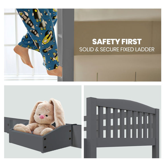 Kingston Slumber Single Bunk Bed Frame Solid Pine Wood Timber, Modular Design, Grey - RnR Galore