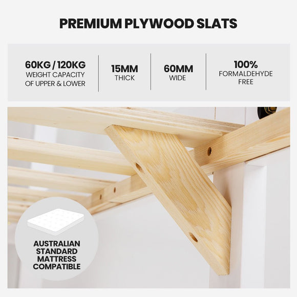 Kingston Slumber Single Bunk Bed Frame Solid Pine Wood Timber, Modular Design, White - RnR Galore